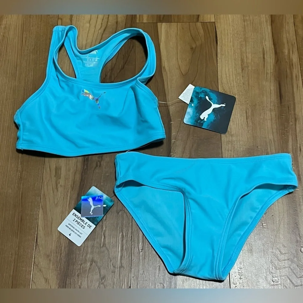 PUMA Girls 2PC Swimsuit Set Hero Blue Racerback Bikini Size 4 NWT